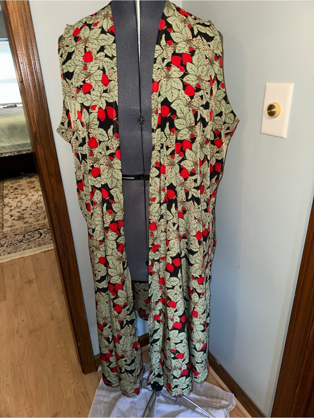 LuLaRoe Long Strawberry Print Joy Vest in Black, Red & Sage